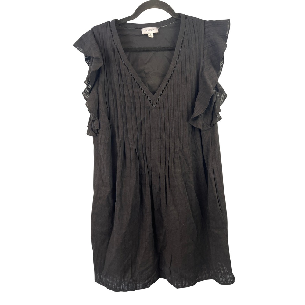 Evereve Black Gauzy V-Neck Ruffle Sleeve Pintucked Dress SZM Summer Vacation